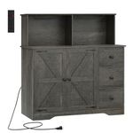 WEENFON Buffet Cabinet with Power Outlets and Glass Holder, Farmhouse Sideboard Buffet Cabinet with Drawers and Doors, Bar Cabinet, Kitchen Buffet Cabinet，Solid Wood Frame in Dark Grey