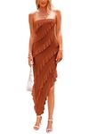 PRETTYGARDEN Women's Summer Long Formal Cocktail Dress Strapless Tube Asymmetrical Ruffle Maxi Bodycon Dresses (Caramel,Large)