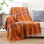 BATTILO HOME Orange Plaid Throw Blanket for Couch, Soft Cozy Checkered Blanket with Tassels, Lightweight Decorative Fall Throw Blanket for Bed, Sofa, Chair, Gifts, Home Decor 50"x60"