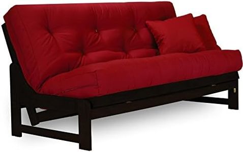 Arden Futon Set in Dark Espresso (Warm Black Finish) - Full or Queen Size, Armless Wood Futon Frame with Mattress Included (Twill Red), Space Saving Sofa Bed Sleeper