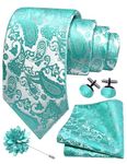 Gusleson Mens Aqua Tie for Wedding Lake Green Paisley Necktie Pocket Square Cufflinks and Lapel Pin Brooch Set (UK6105-25)