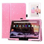 DMLuna Case for All-New Amazon Fire HD 10 & 10 Plus Tablet (13th / 11th Generation, 2023/2021 Release) 10.1", Slim Cover with Folding Stand, Auto Wake/Sleep, Hand Strap, Card Slot - Glitter Pink