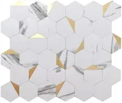 Box of 10 White & Gold Hexagon Tile Sheets – Mesh-Mounted, 8.3 Sq Ft, Not Peel & Stick Waterproof Vinyl, for Kitchen Backsplash, Bathroom Wall, Fireplace, Laundry, Accent Walls