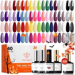 Modelones 40 PCS Gel Nail Polish Set, 36 Colors Spring White Nude Brown Black Gel Polish Kit Red Hot Pink Blue Green Glitter Nail Gel Polish 2025 W Base& Matte& Glitter& Glossy Top Coat LED Nail Art