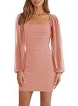 Wenrine Women's Mesh Long Sleeve Square Neck Ruched Party Club Cocktail Bodycon Mini Dress, Pink Orange, Medium