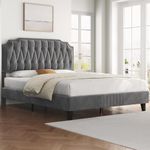 Yaheetech Queen Bed Frame Upholstered Platform Bed with Height-Adjustable Headboard, Velvet Bed Frame with Curved Headboard/Noise-Free/Wooden Slats Support/No Box Spring Needed, Dark Gray