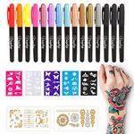 Temporary Tattoos Tattoo Pens for Skin Temporary Multi-colored Face Paint Tattoo Markers with 15 Tattoo Pens 5 Tattoo Stencils and 2 Tattoos Stickers for Girls Boys Teenage Adults Christmas Gifts