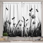 Ambesonne Nature Kitchen Curtains, Grass Bush Meadow Silhouette with Dragonflies Flying Spring Garden Plants Display, Window Drapes 2 Panel Set for Kitchen Cafe Decor, 55" X 39", Black White