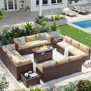Aoxun Patio Furniture Sets, 15-Piece Outdoor Patio Furniture with 44'' Propane Gas Firepit Table, Wicker Outdoor Conversation Set Sectional Sofa for Backyard, Poolside, Garden