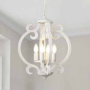 LynPon Lampadario Bianco a 4 Luci Plafoniera Rustica Francese Shabby Plafoniere Soffitti Sospesi, Lampada a Sospensione in Legno Vintage per Sala da Pranzo Cucina Soggiorno Camera da Letto Corridoio