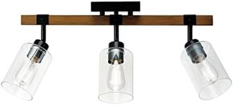 GLOBE Electric 57502 3-Light Track Lighting, Faux Wood, Matte Black Accents, Clear Glass Shades, Ceiling Light, Track Lighting Kit, Bar Light Fixture, Track Ceiling Light, E26 Base, Bulb Not Included