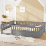 Favfurish Full Size Montessori Floor Bed, Solid Wood Playhouse Bedframe with Safety High Fence for Kids, Girls, Boys, Bedroom, Playroom, Easy Assembly & No Box Spring Needed, Gray