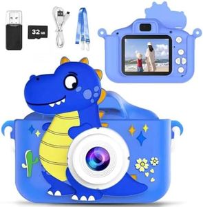 Kids Toy Camera, Digital Camera for Toddlers, Portable Digital Camera with Video, for Boys and Girls Aged 3-12, Christmas Birthday Kids, with 32G SD Card and USB Reader (Blue Dinosaur)