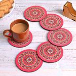 Gift Kya De Gkd Coaster Set Of 6 Beautiful Wooden Coasters With Proper Coaster Stand Designer Coaster Set Fit For Tea Cups, Coffee Mugs And Glasses (Round And Designer 3.5 X 3.5 Inch) (Pink)