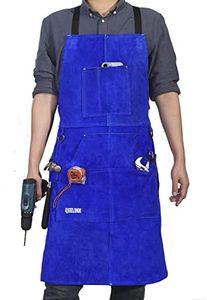 QeeLink Leather Work Shop Apron with 6 Tool Pockets Heat & Flame Resistant Welding Apron, 24" x 36", Adjustable M to XXL (Blue)