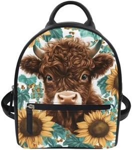 Freewander Highland Cow Backpack Purse for Women Leather Small Backpack for Teen Girls Mini Purses College Daypack Travel Casual Rucksack Knapsack with Zippers