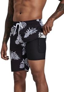 difficort Mens Swimming Trunks with Compression Liner Quick Dry Board Shorts Swimsuit with Zipper Pockets,White Leaves,Small