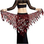 VRITRAZ Women's Chiffon Belly Dance Hip Scarf Waistband Belt Skirt Mixed Colors Sequence Beads and Coins Red