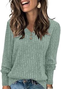 AYIFU Womens Long Sleeve Tops Casual V Neck Blouses Henley Button Up Ribbed Tunic, Light Green, Large