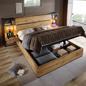 Kebnor 180×200cm Holzbett Doppelbett,Hydraulisches Stauraumbett, Stauraum-Kopfteil mit Schubladen und USB&Type-C Ladeanschluss, Bettrahmen mit Holzlatten, Eichenfarbe (Ohne Matratze).