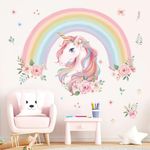 wondever Large Rainbow Wall Decals Unicorn Flower Peel and Stick Wall Art Stickers for Girls Bedroom Kids Room Baby Nursery Decor