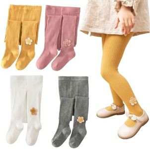 Silkglory Tights for Girls, (2 Pack) Stockings for Girl, Cable Knit Cotton Toddler Tights Pantyhose with Flower Decoration 4-5T, Ginger/Pink