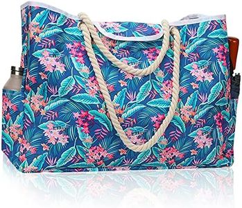 Extra Large Waterproof Canvas Beach Bag Weekender Big Pool Tote Bag with Inner Pockets for Travel, Phone Case, Rope Handles, Top Magnet Clasp, Outside Pockets (Colorful Palm Leaf)