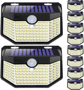 HMCITY Outdoor Solar Lights 120 LED with Motion Sensor and 3 Lighting Modes, IP65 Waterproof, 130 ° Wide Solar Wall Lights Powered for Garden Patio(Front Button 10Packs, Black Shell-Daylight White)