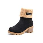 Hitmars Ladies Winter Boots Womens Fur Lined Boots Suede 6CM Mid Block Heel Slip On Snow Warm Boot Casual Walking Combat Black Size 3.5 (36EU)