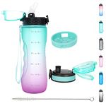 OLDLEY 750ml/25oz Water Bottles with Straw Leakproof Tritan Water Bottles Plastic Drink Bottles Durable Sports Bottles BPA Free Filter Time Markings Gym Bottles for Women Men(Green Purple, 2 Lids)