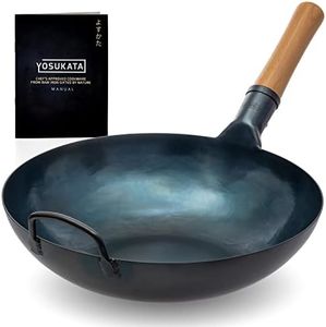 YOSUKATA Woks and Frying Pans 34 cm - Pre-seasoned Flat Bottom Wok - Blue Carbon Steel Wok - Wok for Induction, Electric Hobs, Gas and Open Fire - Traditional Chinese Wok