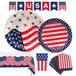 4th of July Party Set by Oojami - American Flag Design for 18 Guests, Includes Plates, Cups, Napkins, Table Cover & USA Banner - Patriotic Red, White & Blue Decor