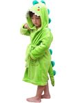 LOLANTA Kids Boys Dressing Gown Dinosaur Elephant Fleece Plush Hooded Bathrobe, Green, 3-5years