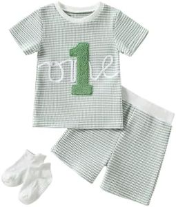 ChuYuKu Baby Boy 1st Birthday Outfit Waffle Knit One Short Sleeve T-Shirt and First Birthday Shorts Set Spring Summer