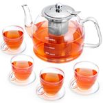 Glass Teapot Set, 40oz / 1.2L Tea Pot Set with 4 Glass Teacups, Clear Tea Pot with Removable Stainless Steel Strainer for Loose Tea, Blooming Tea, Premium Quality Borosilicate Glass Teapot Gift Set