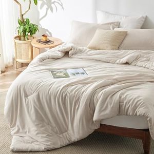 Bedsure Queen Comforter Set - Beige Soft Bedding for All Seasons, Cationic Dyed Bed Set, 3 Pieces, 1 Queen Size Comforter (90"x90") and 2 Pillow Shams (20"x26"+2")