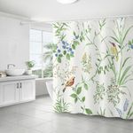 WELTRXE Shower Curtain Mould Proof Mildew Resistant, 183X183cm, Water Reisistant Polyester Fabric Shower Curtain with 12 Hooks, Weighted Hem, Green Plant with Bird Pattern Bathtub Curtain, Quick Dry