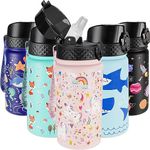 GOPPUS Kids Insulated Water Bottle - 14 Oz BPA Free 18/8 Stainless Steel Travel Bottle with Straw Water Bottle with Double Wall Vacuum Leak Proof Kids Cup for School Boys Girls, Unicorn Fields