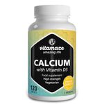 Calcium and Vitamin D3 Tablets 600 mg - Calcium Carbonate High Strength + 400 IU Cholecalciferol per Daily Dose -120 Vegetarian Tablets for 2 Months - Supplement for Bone Density