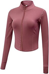 Gihuo Women's Athletic Full Zip Lightweight Workout Jacket with Thumb Holes (DarkPink, Small)