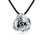 Large Flower Rose Pendant Necklace for Women for Teen Black Silk Cord Hollow Oxidized .925 Sterling Silver16 Inch