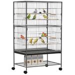 PawHut 52" Large Rolling Steel Bird Cage Bird House with Rolling Stand, Storage Shelf, Wood Perch, Food Container, Dark Grey