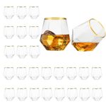 Rarapop 24 Pack Diamond Stemless Wine Glasses with Gold Rim, 12oz Plastic Fancy Cocktail Cups Whiskey Glasses Disposable & Reusable for Champagne, Cocktails, Party, Wedding