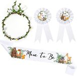 4 Pieces Mom to Be Sash for Woodland, Baby Shower Sash Mom to Be Corsage with Sage Green Leaf Crown Dad to Be Corsage Set Woodland Theme Baby Shower Party Favors for Gender Reveal (White Flower)