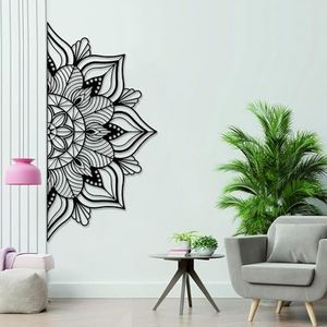 Resama Decoración de pared de mandala de metal grande, arte único de pared de flor de loto, adecuado para la oficina y el hogar, decoración interior y exterior (negro, 114 x 57,5 cm)