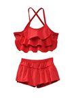 CUKOO Girls Solid Plain Red Ruffled Style 2 Piece Swimsuit Set Swimwear Costume