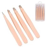 4-Piece Eyebrow Tweezers Set, Professional Stainless Steel Tweezers Set for Trimming Eyebrows Debris, Ingrown Hair Removal and Blackheads (4 Different Tweezer Tips, Pink)