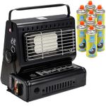 Greenfields Outdoor Gas Heater with 8 Canisters, Portable 1.3kW Camping Heater with Ceramic Burner, Compact Lightweight, Auto Ignition Safety Grill for Patio Garden Caravan, Black