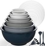 AIKKIL Mixing Bowls Set with Lids- Plastic Nesting Salad Bowls Set, Includes 6PCS Mixing Bowls, 2PCS Fork, 4PCS Measuring Spoons, 6PCS Lids,Ideal for Mixing & Serving (Gray Gradient, 18)