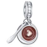 Dangle Coffee Cup with Saucer Spoon Charms, 925 Sterling Silver I Love Coffee Mug CZ Pendant Beads, fit Pandora Necklace Bracelet, Gift for Friend/Valentines Birthday/Christmas